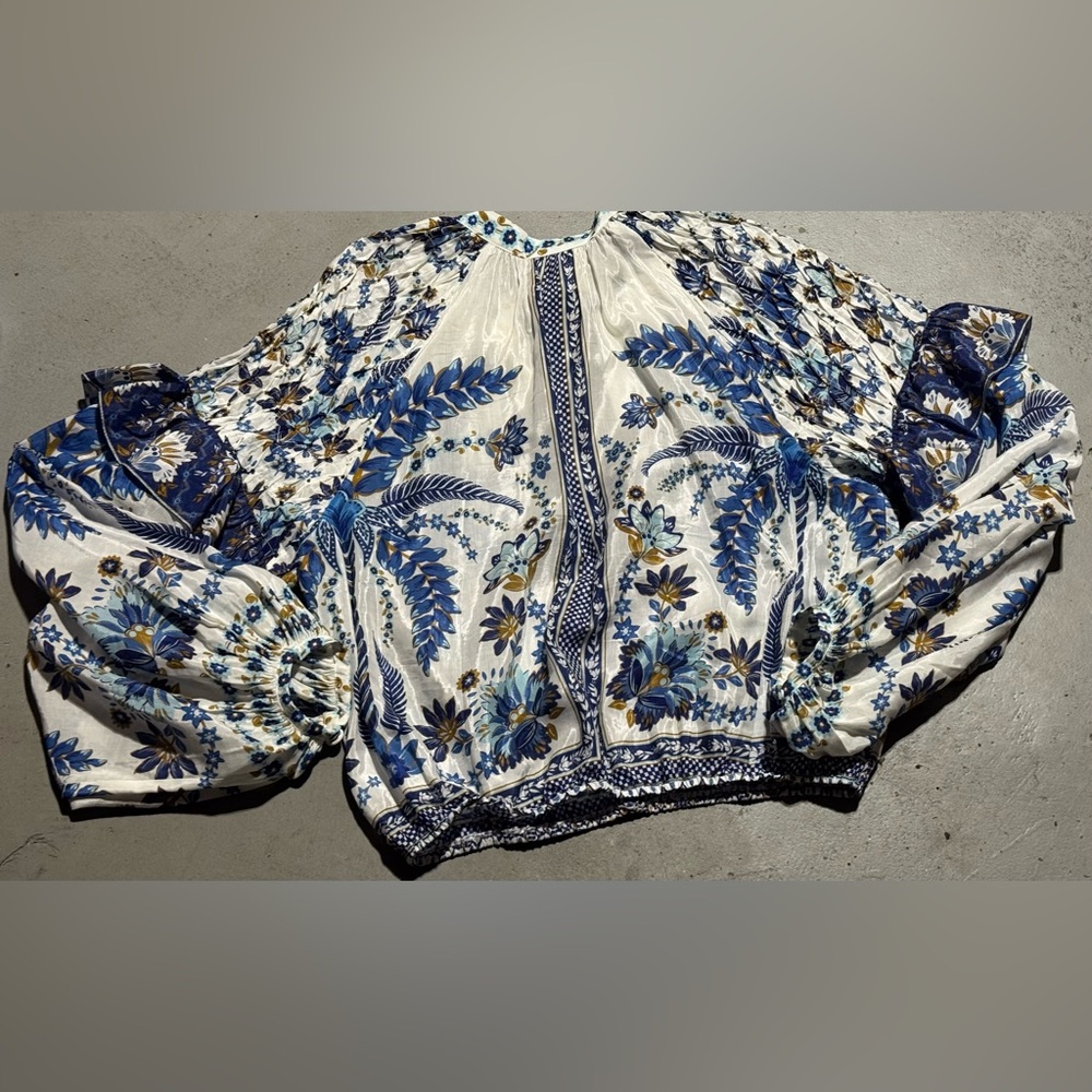 FARM Rio Blue & White Floral Embroidered Peasant Blouse - Picture 8 of 12